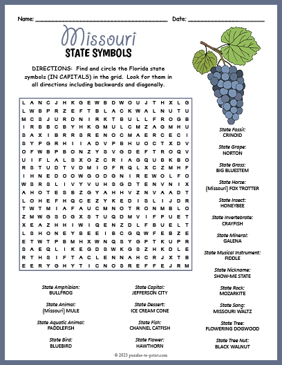 State Symbols of Missouri Word Search
