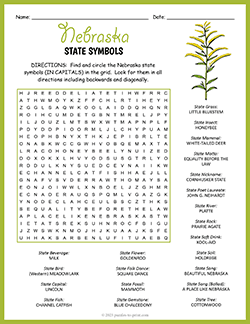 Free printable State Symbols of Nebraska Word Search puzzle worksheet