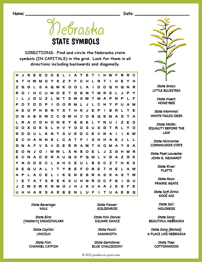 State Symbols of Nebraska Word Search