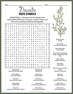 Free printable State Symbols of Nevada Word Search puzzle worksheet