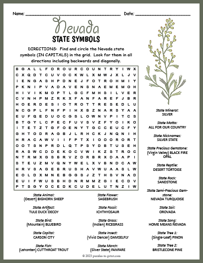 State Symbols of Nevada Word Search