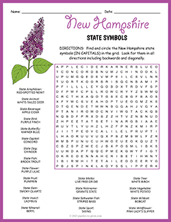 Free printable State Symbols of New Hampshire Word Search puzzle worksheet