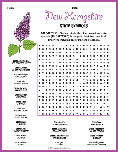 State Symbols of New Hampshire Word Search