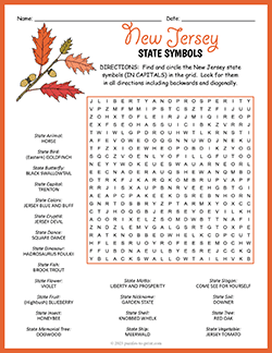 Free printable State Symbols of New Jersey Word Search puzzle worksheet