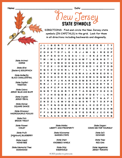 State Symbols of New Jersey Word Search
