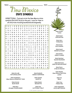 Free printable State Symbols of New Mexico Word Search puzzle worksheet