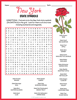 Free printable State Symbols of New York Word Search puzzle worksheet