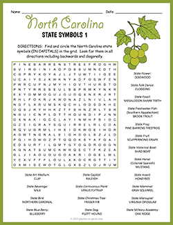 Free printable State Symbols of North Carolina Word Search puzzle worksheet