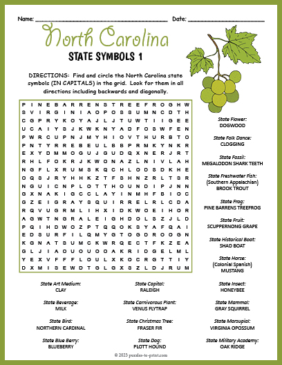 State Symbols of North Carolina Word Search