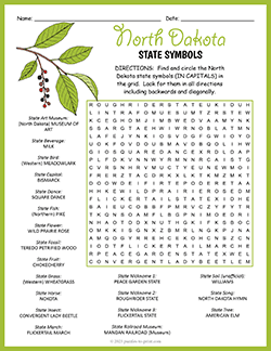 Free printable State Symbols of North Dakota Word Search puzzle worksheet