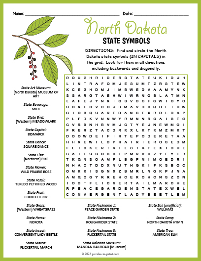 State Symbols of North Dakota Word Search