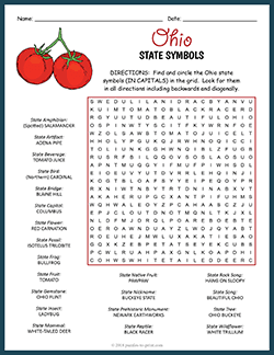 Free printable State Symbols of Ohio Word Search puzzle worksheet