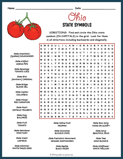 State Symbols of Ohio Word Search