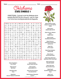 Free printable State Symbols of Oklahoma Word Search puzzle worksheet