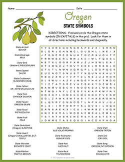 Free printable State Symbols of Oregon Word Search puzzle worksheet