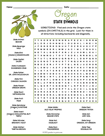 State Symbols of Oregon Word Search