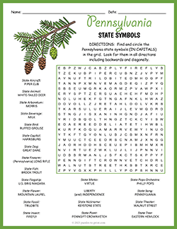 Free printable State Symbols of Pennsylvania Word Search puzzle worksheet