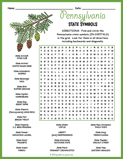 State Symbols of Pennsylvania Word Search