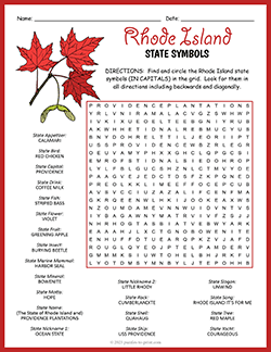 Free printable State Symbols of Rhode Island Word Search puzzle worksheet