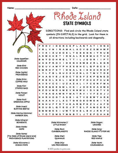 State Symbols of Rhode Island Word Search