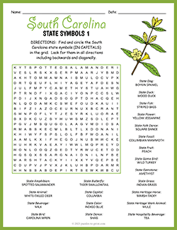 Free printable State Symbols of South Carolina Word Search puzzle worksheet