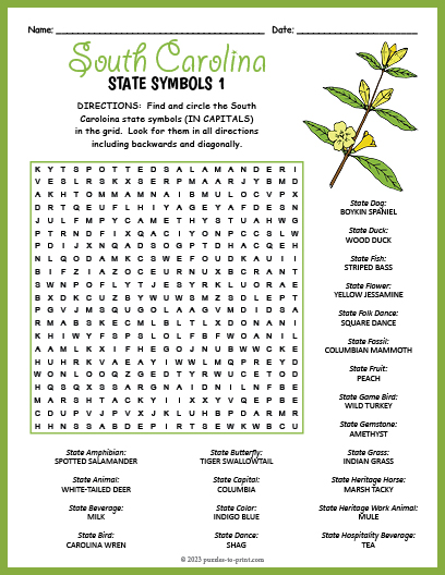 State Symbols of South Carolina Word Search