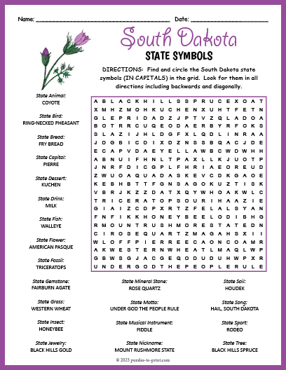 State Symbols of South Dakota Word Search
