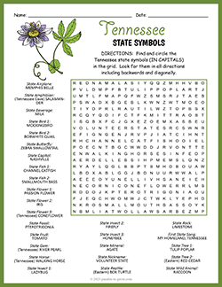 Free printable State Symbols of Tennessee Word Search puzzle worksheet