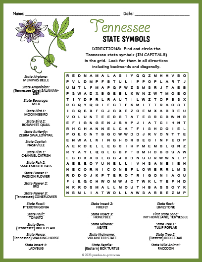 State Symbols of Tennessee Word Search