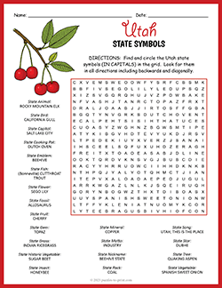 Free printable State Symbols of Utah Word Search puzzle worksheet