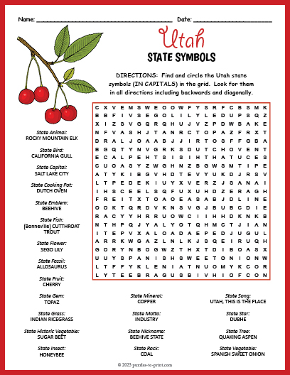 State Symbols of Utah Word Search