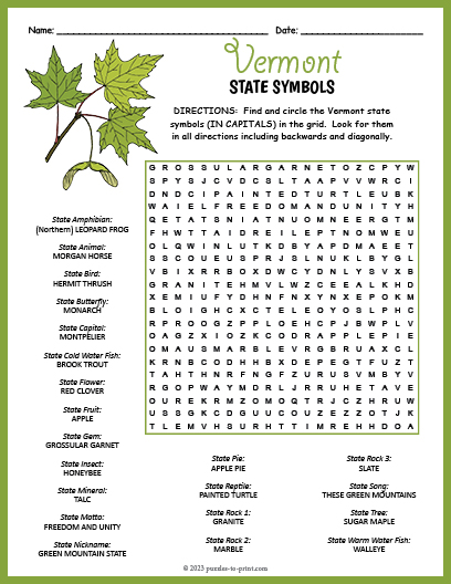 State Symbols of Vermont Word Search