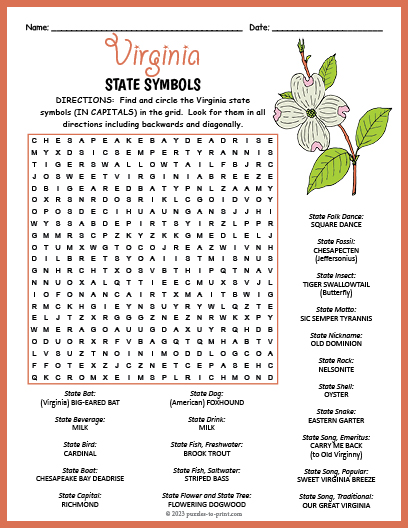 State Symbols of Virginia Word Search