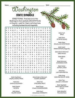 Free printable State Symbols of Washington Word Search puzzle worksheet