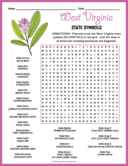 State Symbols of West Virginia Word Search