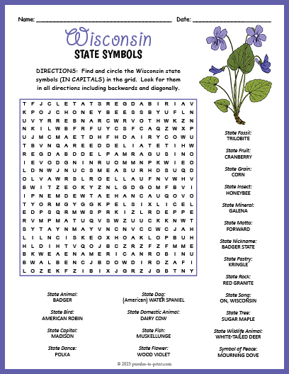 State Symbols of Wisconsin Word Search