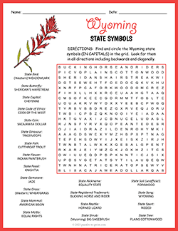 Free printable State Symbols of Wyoming Word Search puzzle worksheet