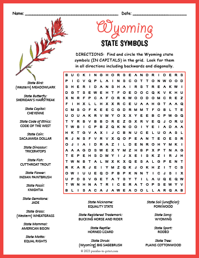 State Symbols of Wyoming Word Search