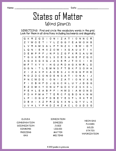States of Matter Word Search