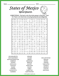 Free printable States of Mexico Word Search puzzle worksheet