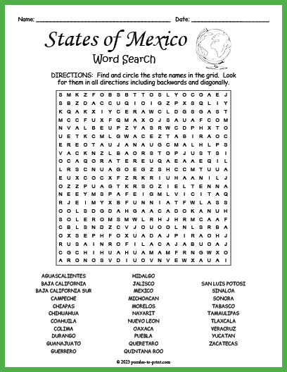 States of Mexico Word Search