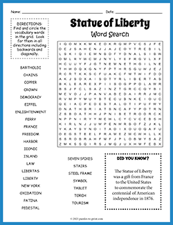 Free printable Statue of Liberty Word Search puzzle worksheet