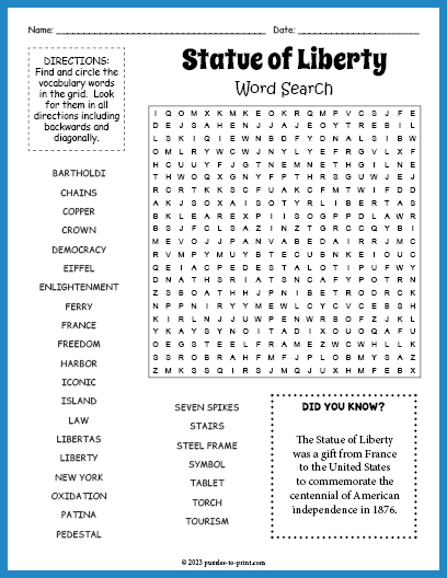 Statue of Liberty Word Search