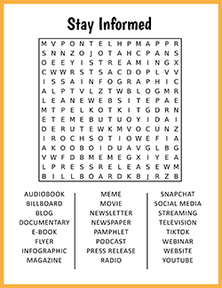 Free printable Stay Informed Word Search puzzle worksheet