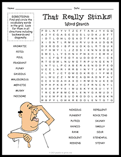 Free printable Stinky Word Search puzzle worksheet