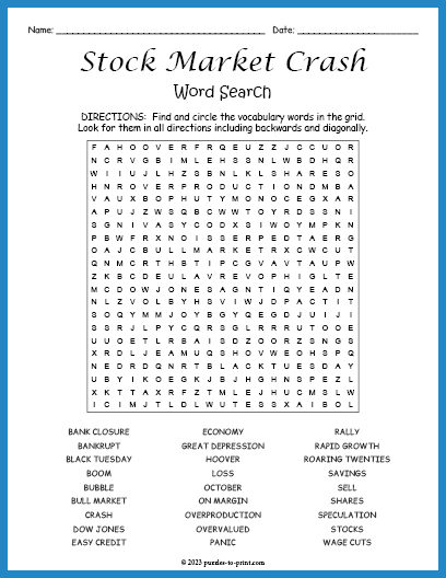 Stock Market Crash Word Search