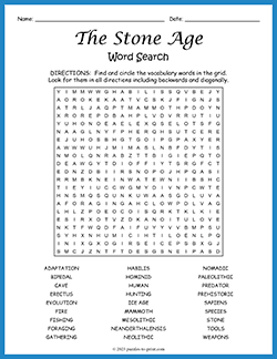 Free printable Stone Age Word Search puzzle worksheet