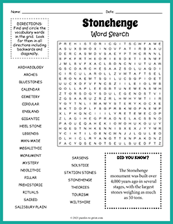 Free printable Stonehenge Word Search puzzle worksheet