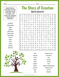 Free printable Biblical Story of Creation Word Search puzzle worksheet