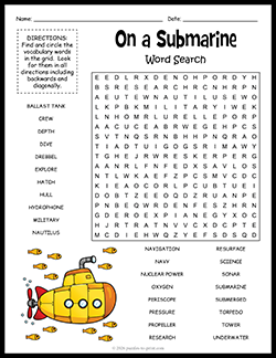 Free Printable Submarine Word Search Puzzle Worksheet